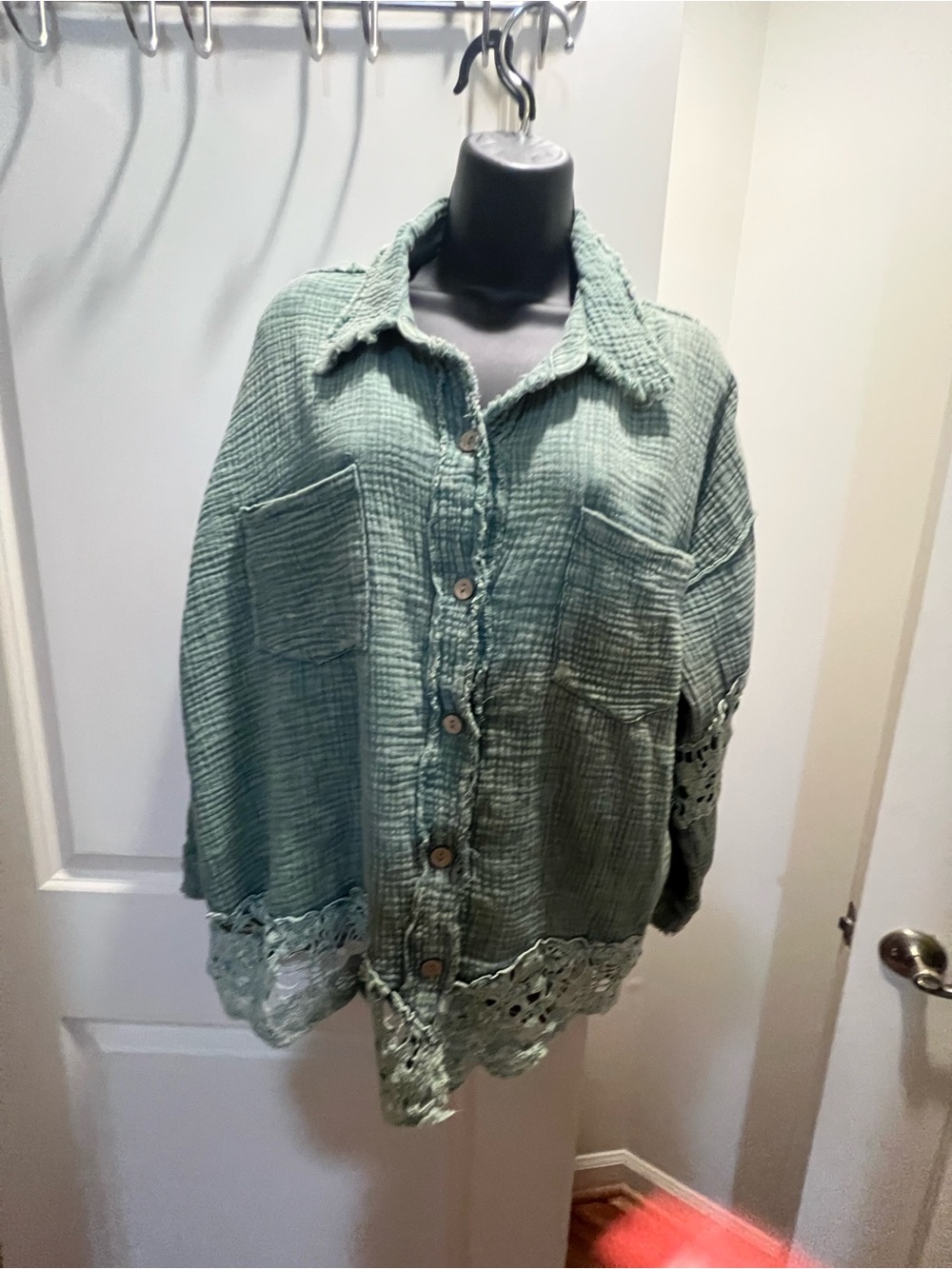 Women's Sage Green Button-Front Lace Hem long sleeved Blouse